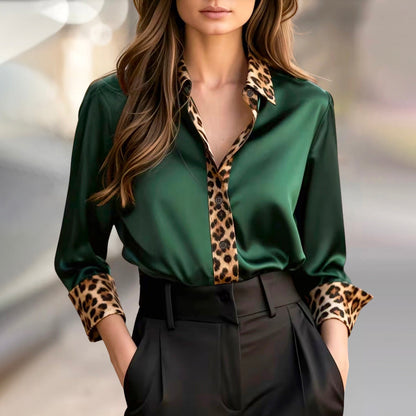 Sofia Amoretti Satin Blouse with Leopard Print Trim