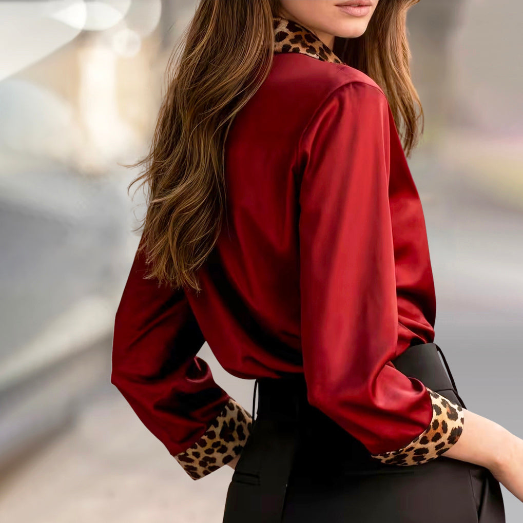 Sofia Amoretti Satin Blouse with Leopard Print Trim