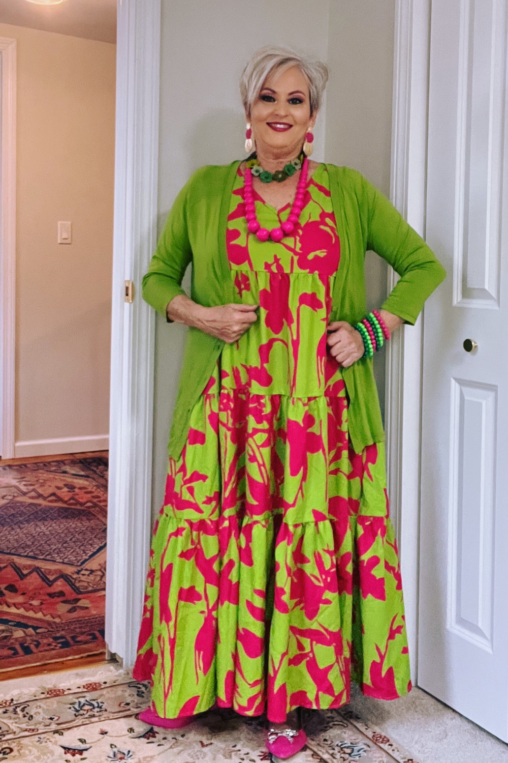 Elegant Sleeveless Vacation Dress – Bold, Vibrant, and Effortlessly Chic Green and pink print Adults