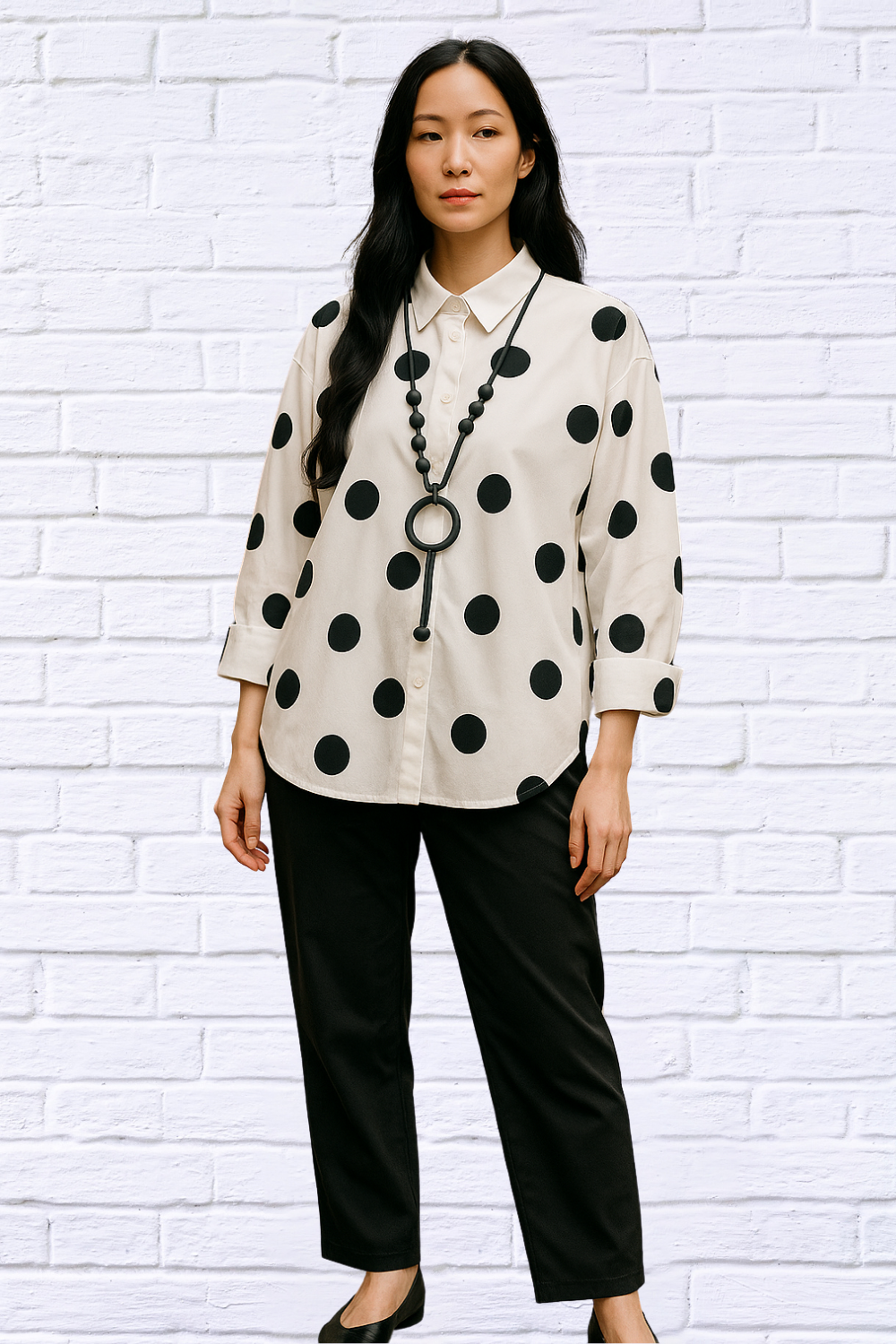 Classic Black &amp; White Polka Dot High-Low Shirt Extra Large