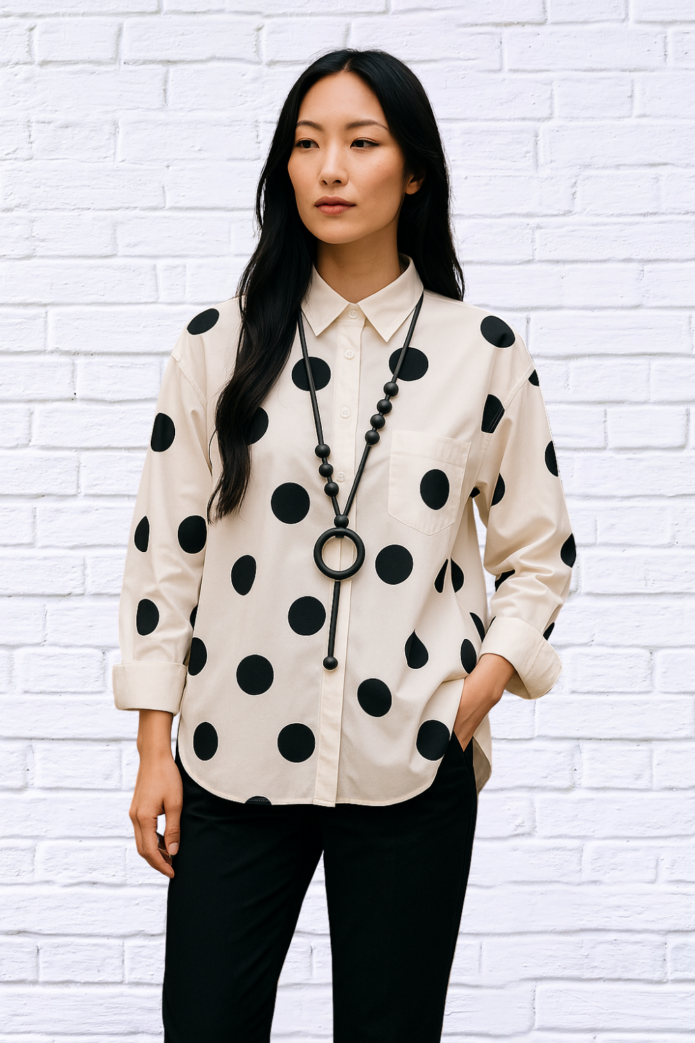 Classic Black &amp; White Polka Dot High-Low Shirt Large