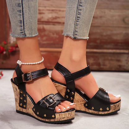 Valentina Rossi Studded Wedge Sandals with Buckle