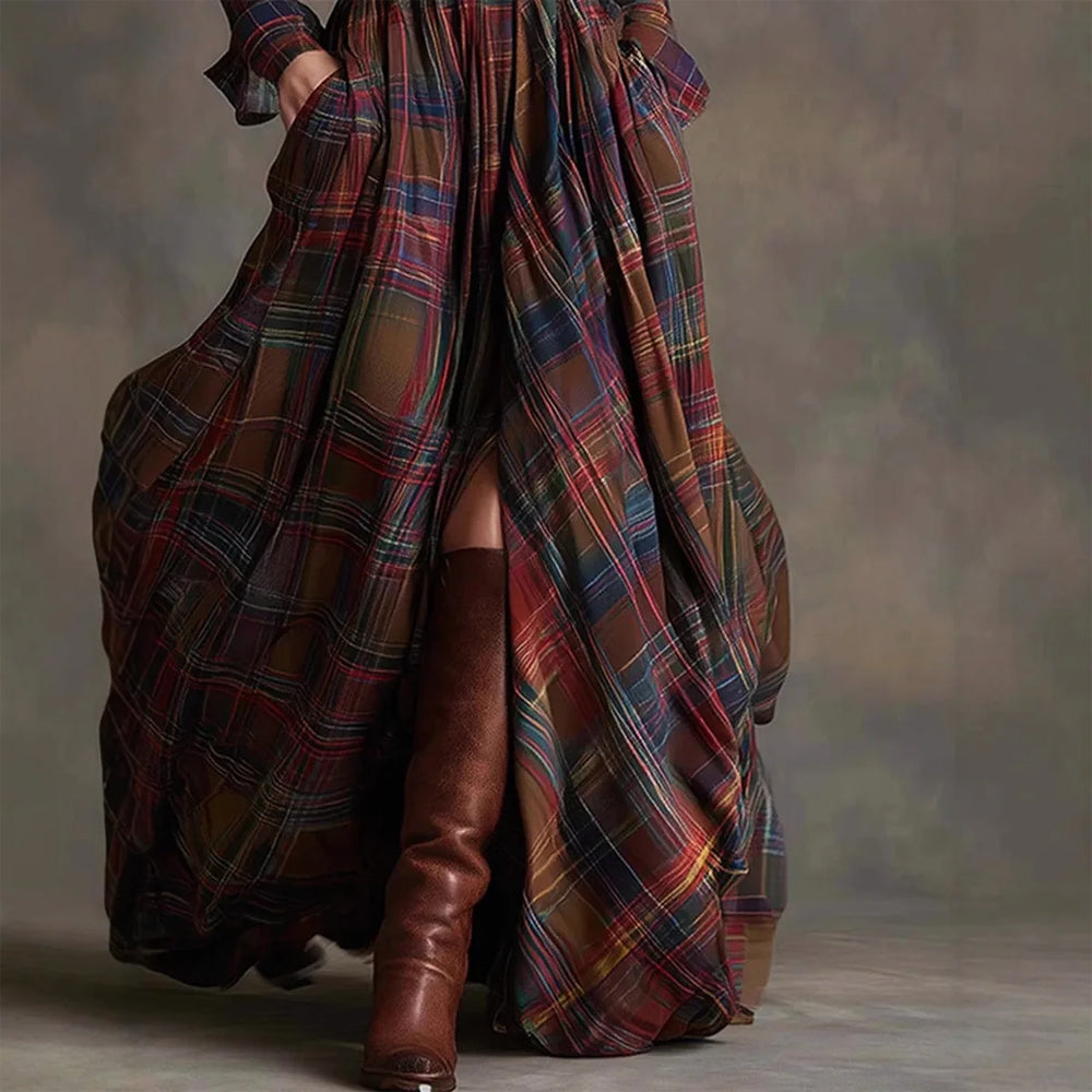 Vintage Plaid Long Maxi Shirt Dress