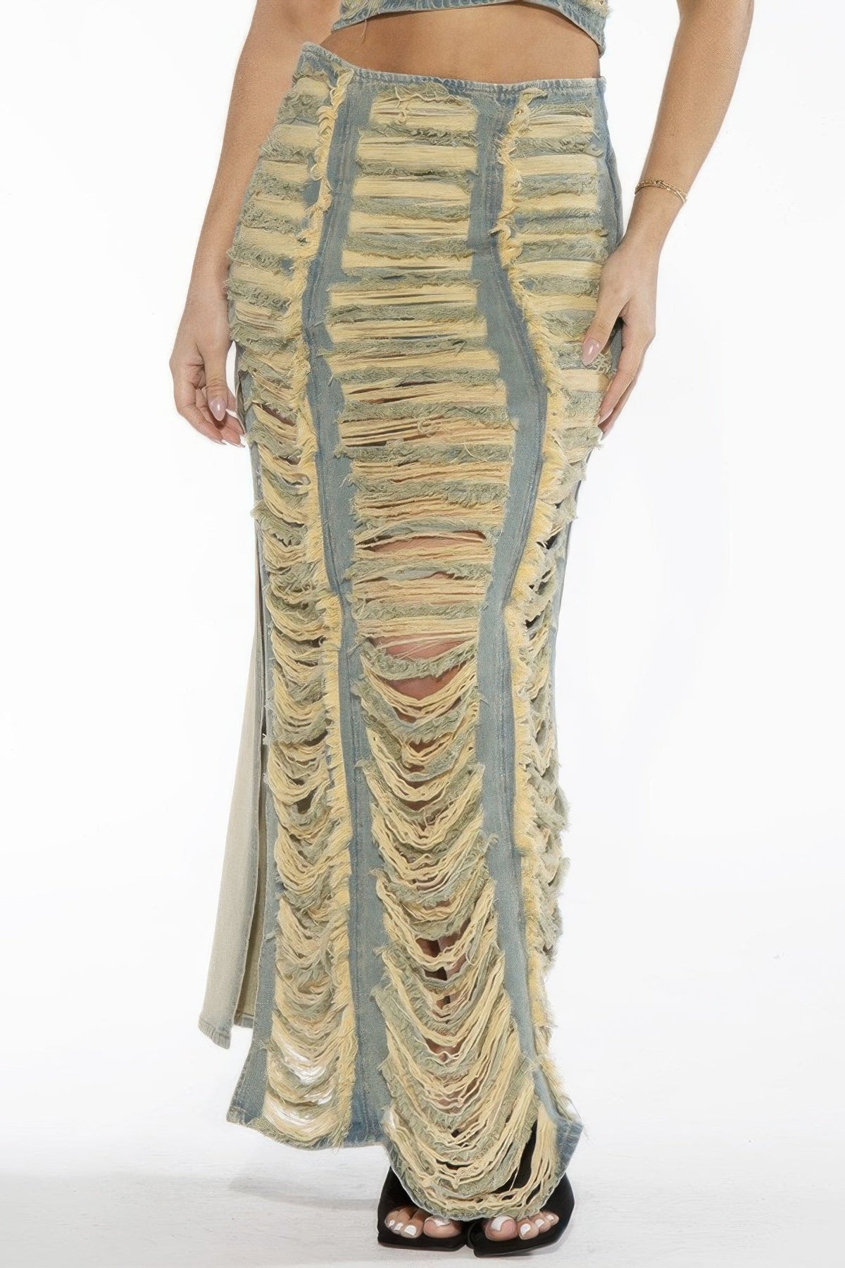 Extreme Shredded Distressed Denim Maxi Skirt