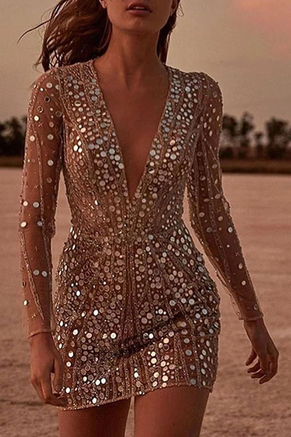 Clidress Sequin Deep V Neck Party Queen Dress