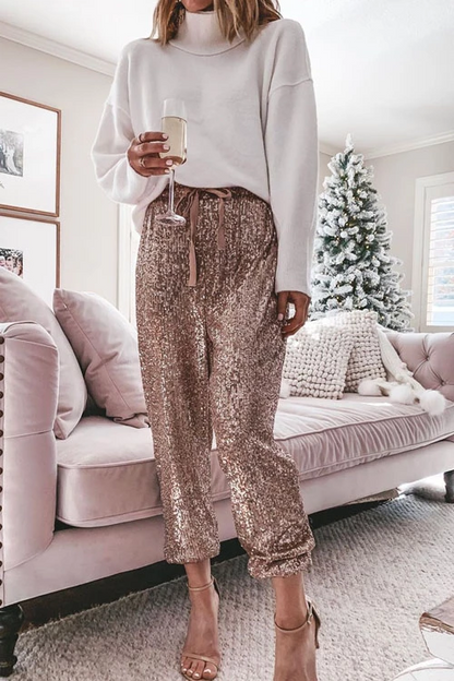 Drawstring Mid Waist Glitter Sequin Pants