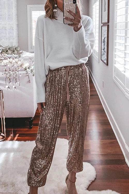 Drawstring Mid Waist Glitter Sequin Pants