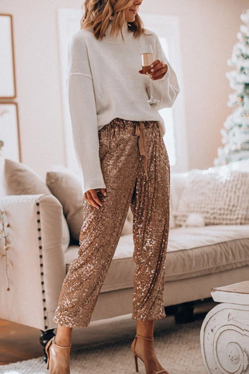 Drawstring Mid Waist Glitter Sequin Pants