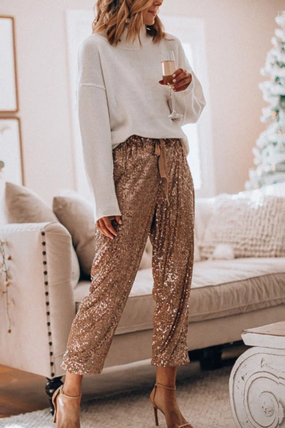 Drawstring Mid Waist Glitter Sequin Pants