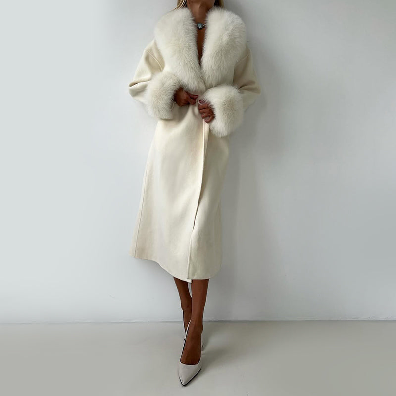 Women’s Belted Long Coat with Faux Fur Trim