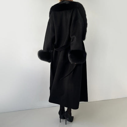 Women’s Belted Long Coat with Faux Fur Trim