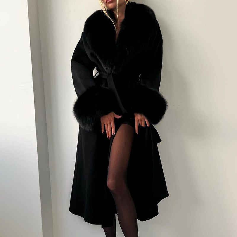 Women’s Belted Long Coat with Faux Fur Trim