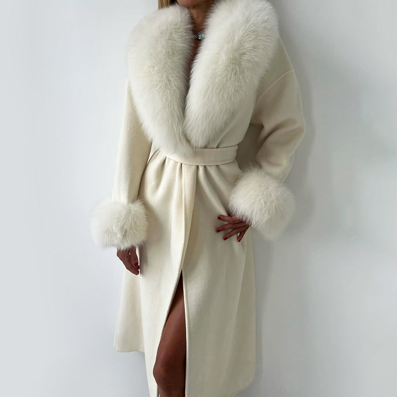 Women’s Belted Long Coat with Faux Fur Trim