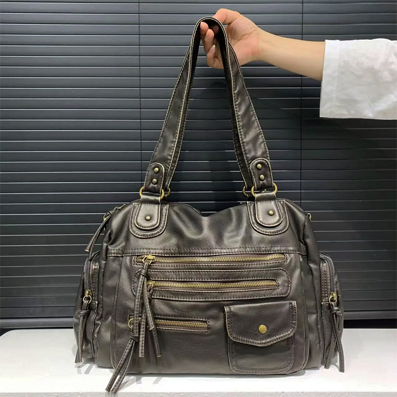 Women’s Casual Faux Leather Shoulder Bag with Multiple Pockets