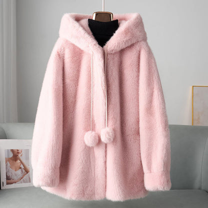 Women’s Faux Fur Hooded Coat with Pom Details