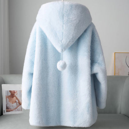 Women’s Faux Fur Hooded Coat with Pom Details