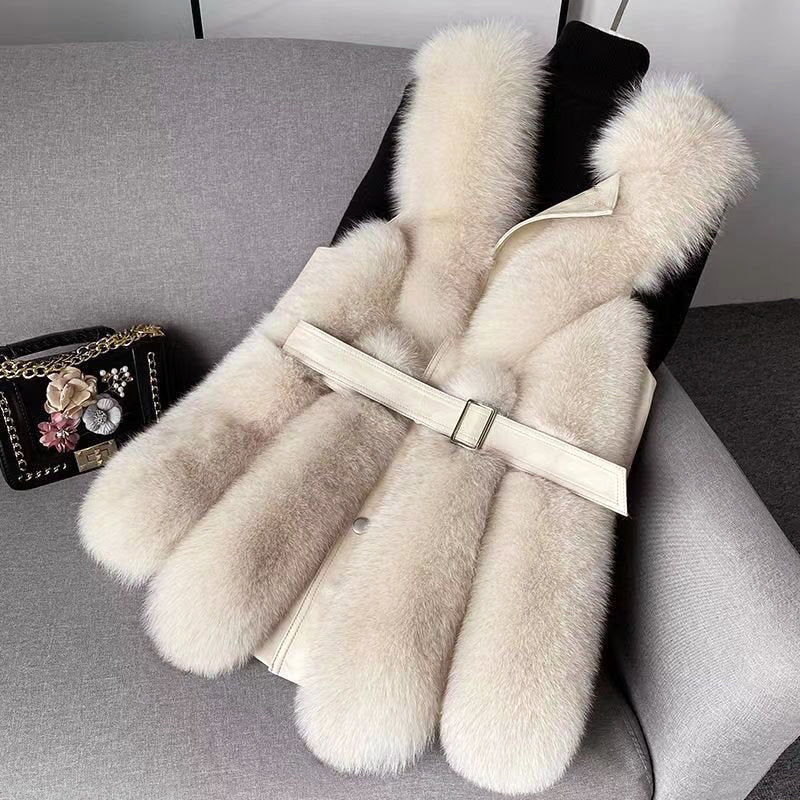 Women’s Faux Fur Vest with Belted Waist and Faux Leather Trim