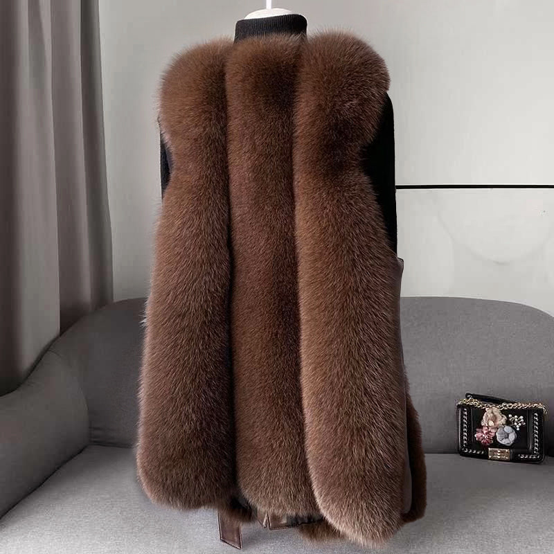 Women’s Faux Fur Vest with Belted Waist and Faux Leather Trim