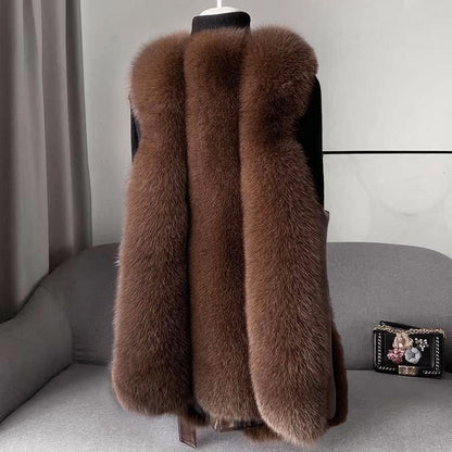Women’s Faux Fur Vest with Belted Waist and Faux Leather Trim