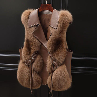 Women’s Faux Fur Vest with Lapel Collar and Waist Tie