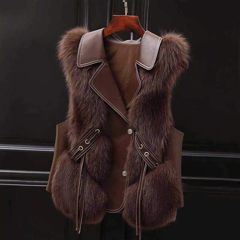 Women’s Faux Fur Vest with Lapel Collar and Waist Tie