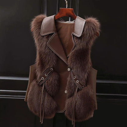 Women’s Faux Fur Vest with Lapel Collar and Waist Tie