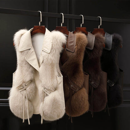 Women’s Faux Fur Vest with Lapel Collar and Waist Tie