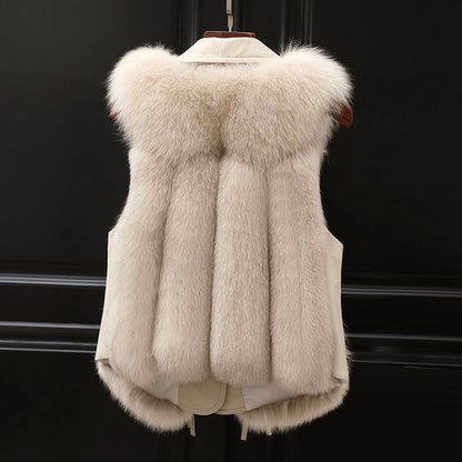 Women’s Faux Fur Vest with Lapel Collar and Waist Tie