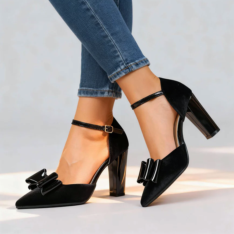Women’s Faux Suede Block Heels with Glossy Bow Detail