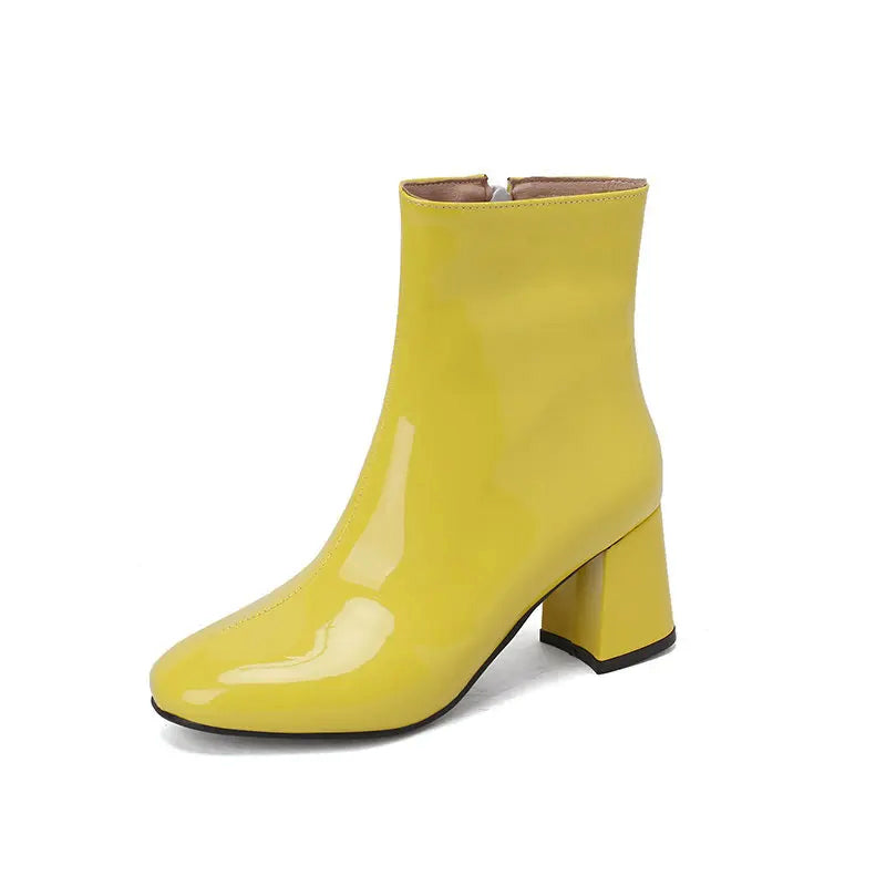 Women’s Glossy Leather Ankle Boots with Block Heel