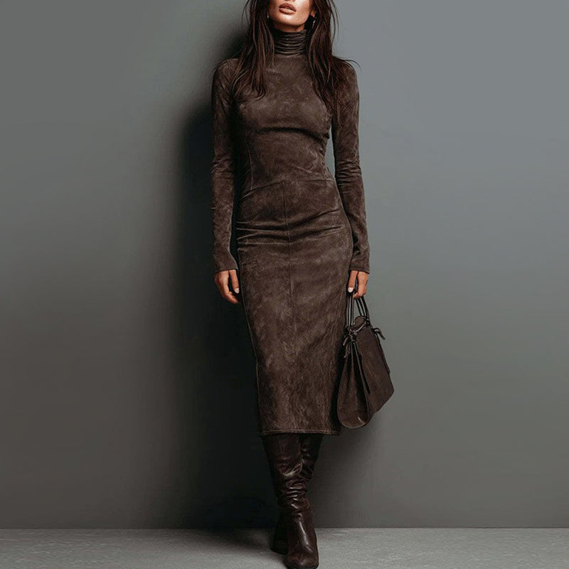 Women’s Long-Sleeve Suede Midi Dress with Turtleneck