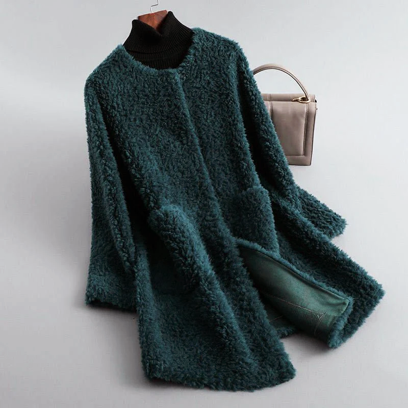 Women’s Mid-Length Faux Shearling Coat with Hidden Buttons