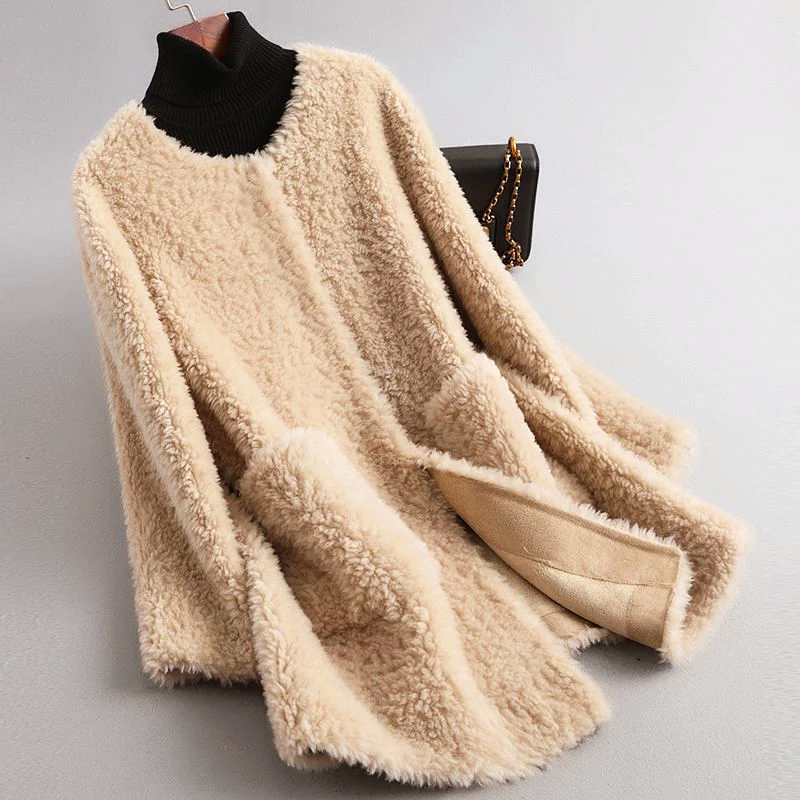 Women’s Mid-Length Faux Shearling Coat with Hidden Buttons