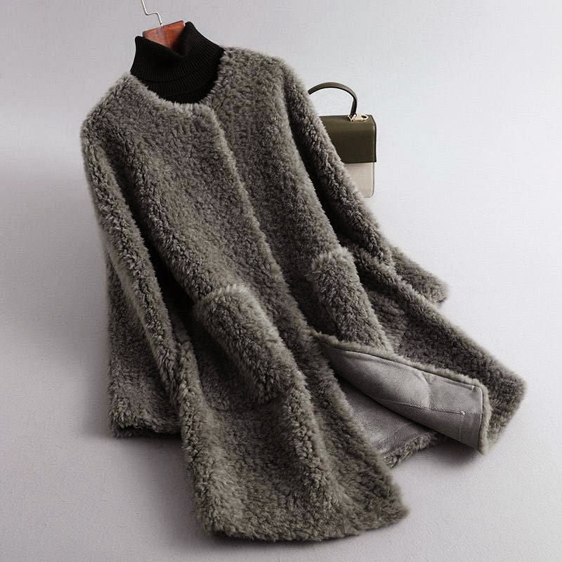 Women’s Mid-Length Faux Shearling Coat with Hidden Buttons