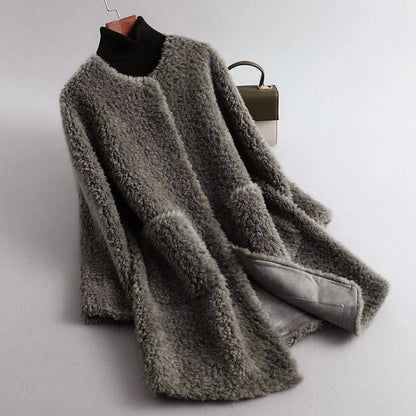 Women’s Mid-Length Faux Shearling Coat with Hidden Buttons