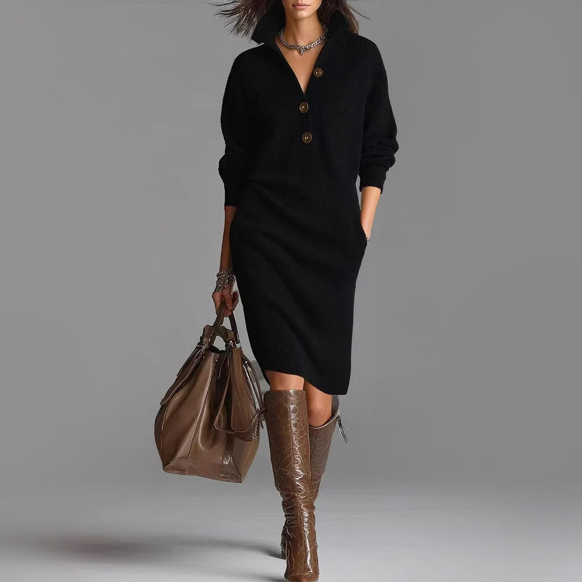 Women’s Mid-Length Sweater Dress with Long Sleeves