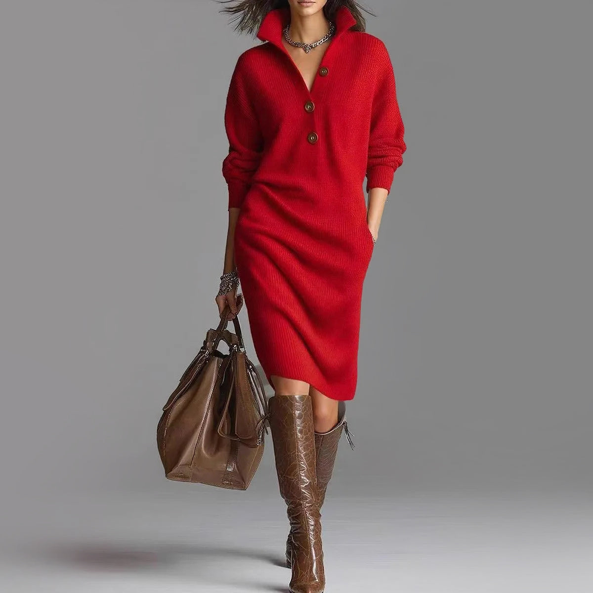 Women’s Mid-Length Sweater Dress with Long Sleeves