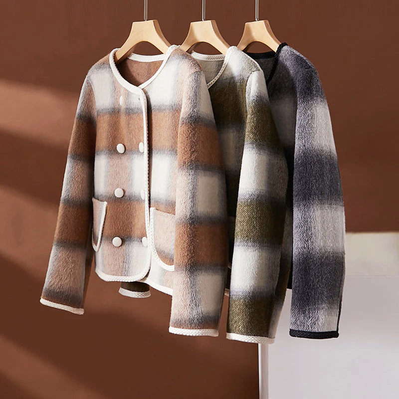 Women’s Plaid Wool Blend Jacket with Contrast Trim
