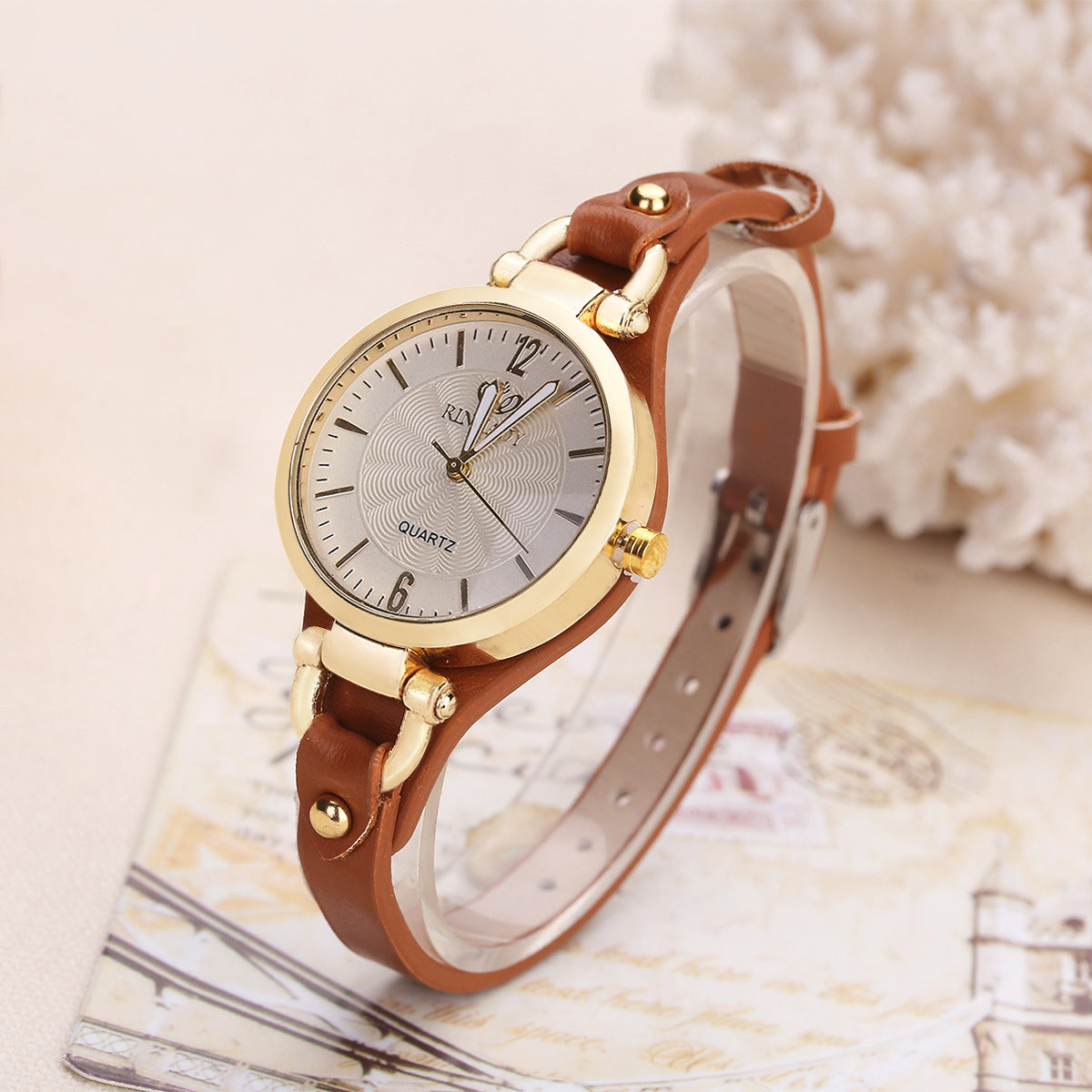 Women's Quartz Wristwatch with Gold-Tone Bezel