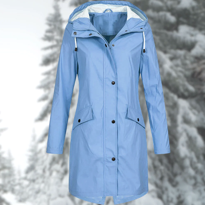 Women’s Rain Coat with Snap Buttons and Drawstring Hood