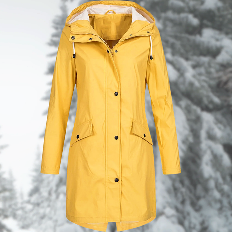Women’s Rain Coat with Snap Buttons and Drawstring Hood
