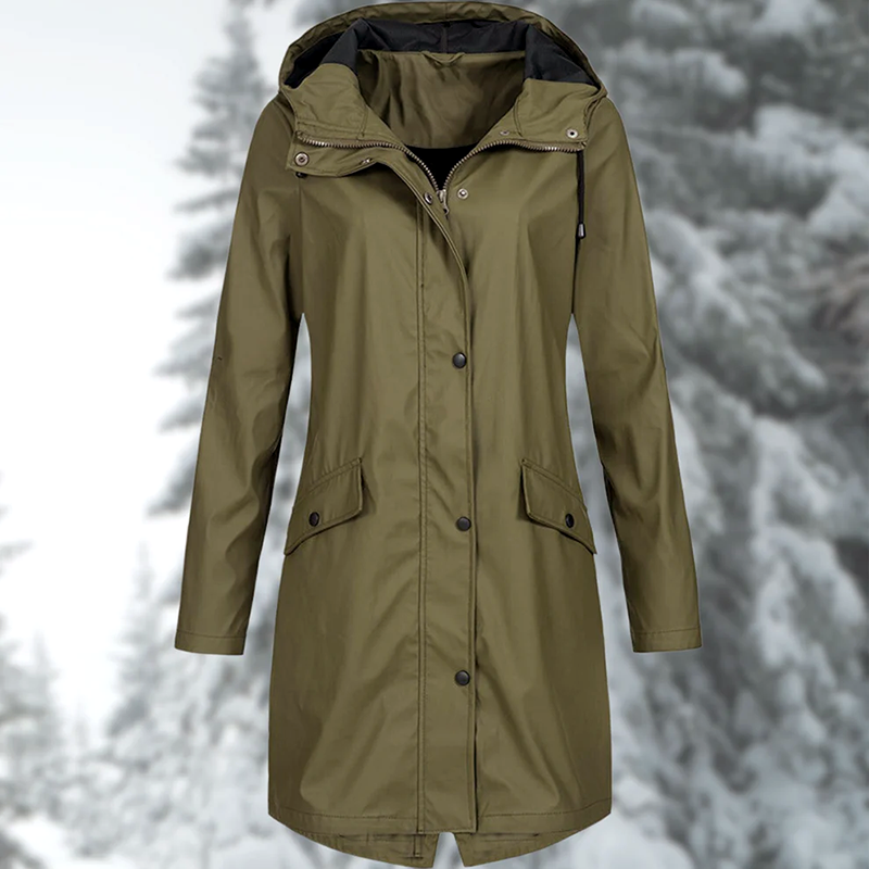 Women’s Rain Coat with Snap Buttons and Drawstring Hood