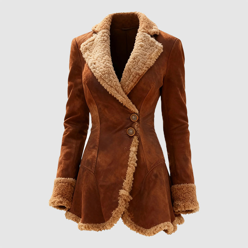 Women’s Tailored Suede Coat with Faux Fur Trim