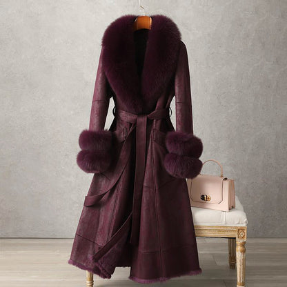 Women’s Vintage-Inspired Full-Length Coat with Faux Fur Trim