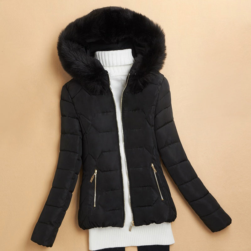 Women’s Winter Puffer Jacket with Fur-Style Hood Trim