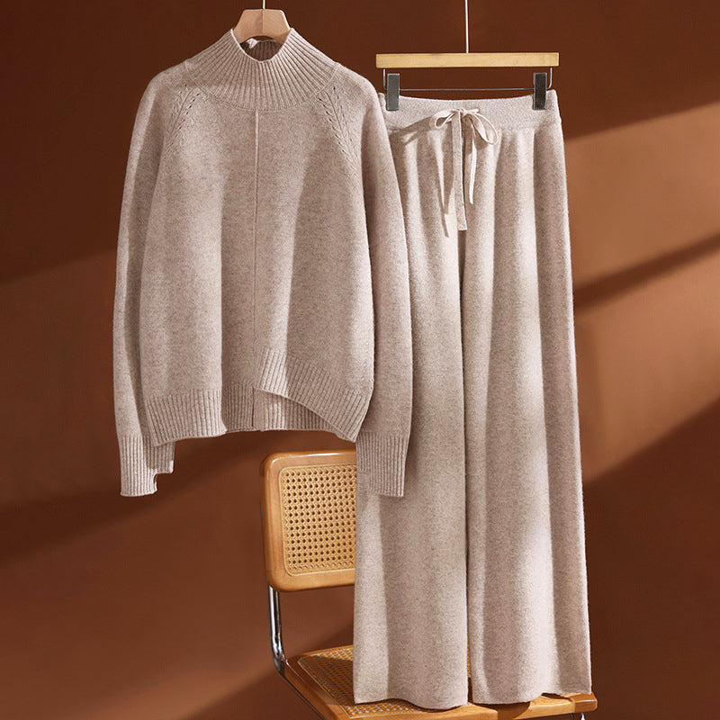 Women’s Wool Knit Set with High Neck Sweater and Pants