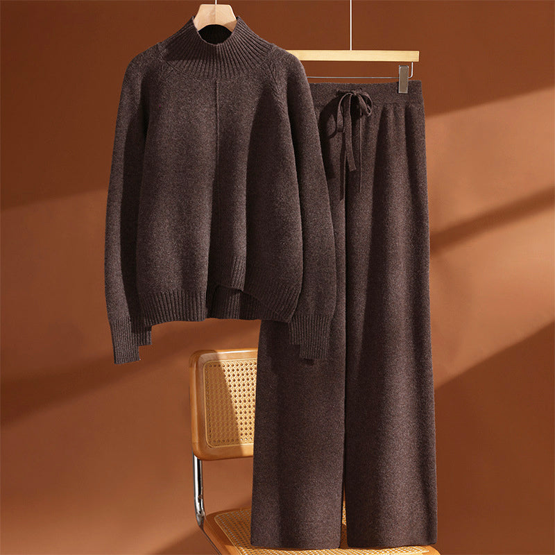Women’s Wool Knit Set with High Neck Sweater and Pants