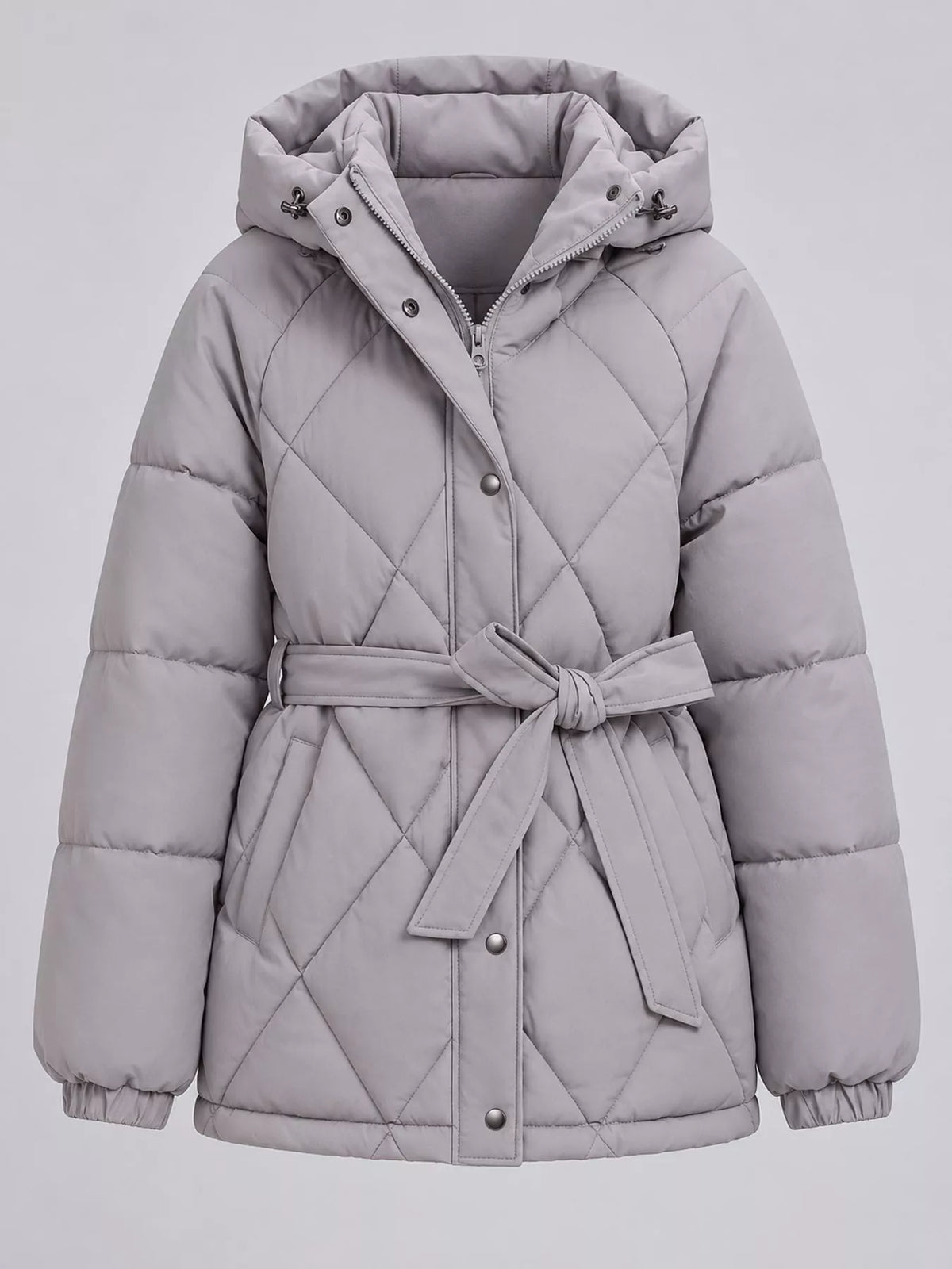 Quilted Waist Belt Hooded Puffer Outerwear