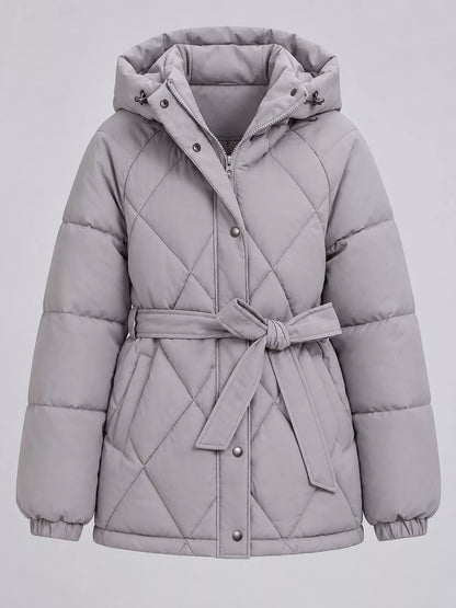 Quilted Waist Belt Hooded Puffer Outerwear