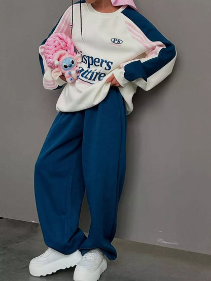 Color-Block Graphic Sweatshirt and Wide-Leg Pants Set
